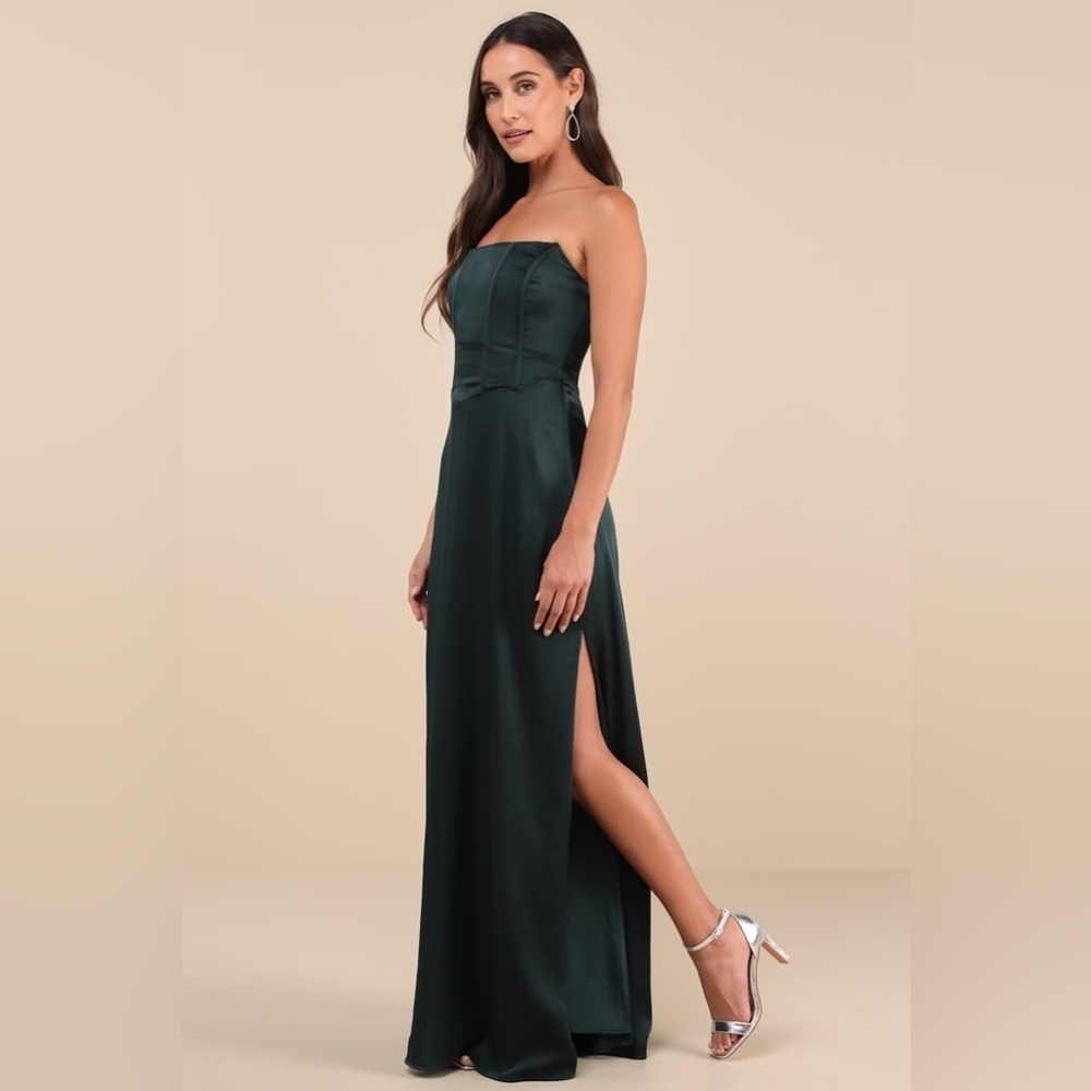 NWT Lulus Extraordinary Presence Dark Green Satin Strapless Maxi Dress - Picture 4 of 10